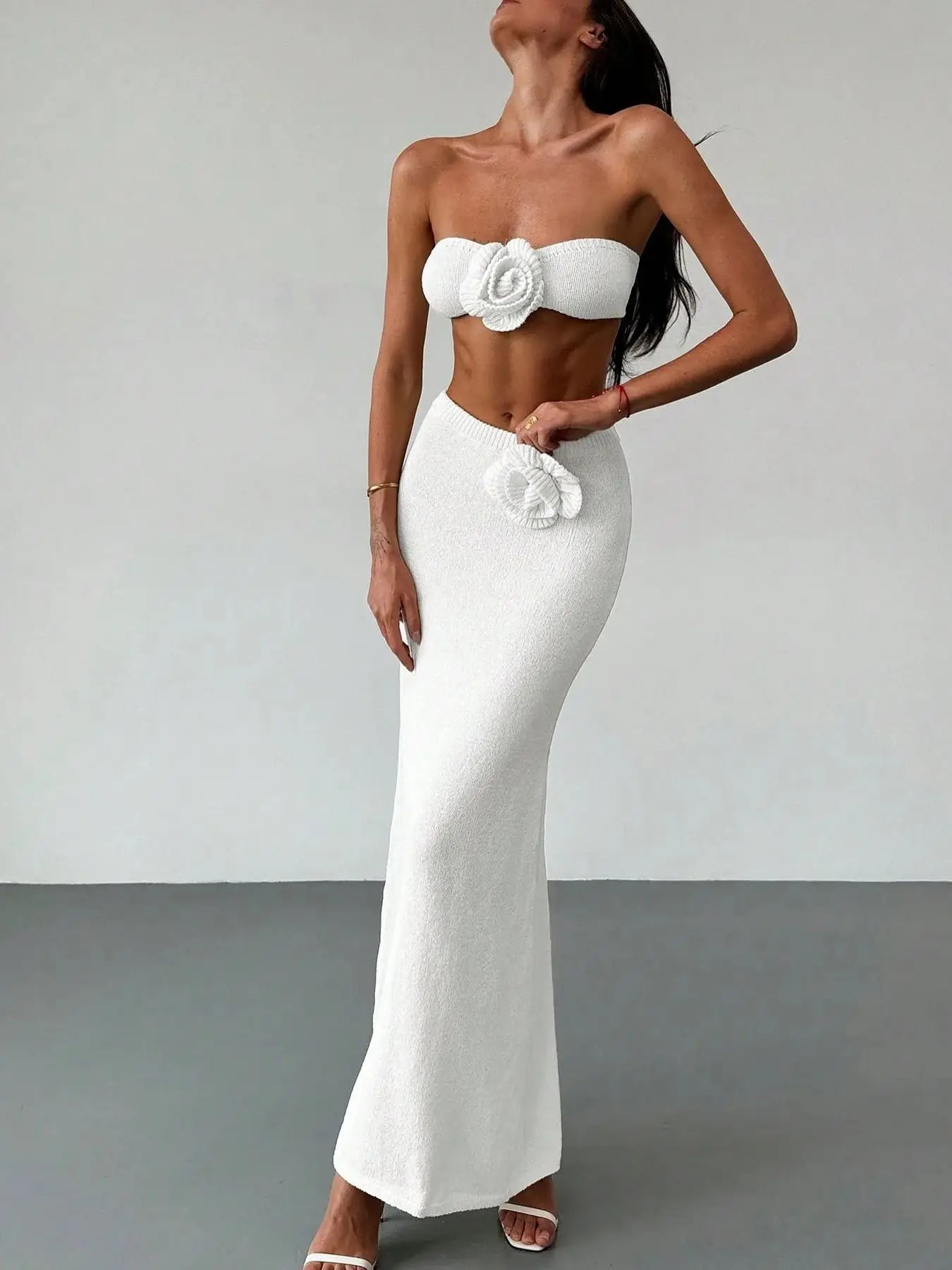 Crochet Skirt Set Women Column Knit Skirt High Waist Beach Skirt 3D Flower Bandage Super Short Top Summer Bathing Suit