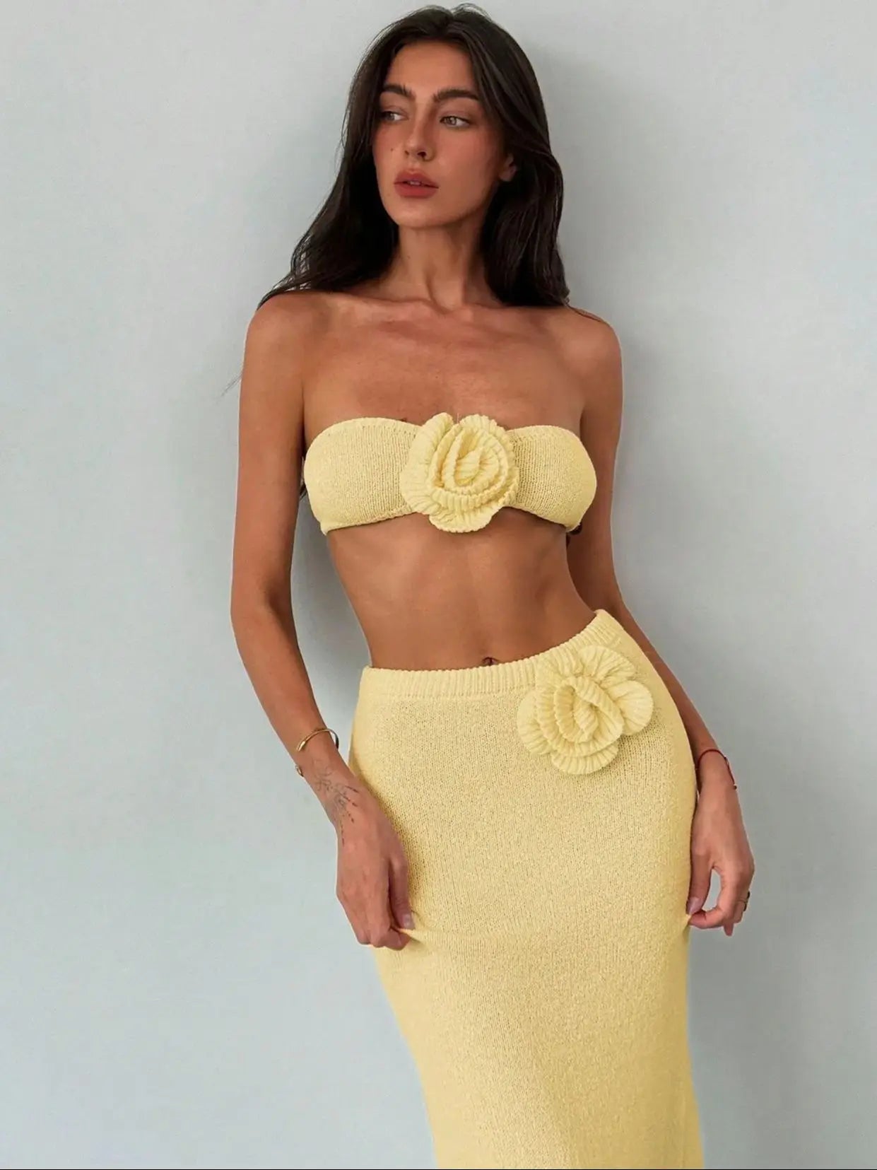 Crochet Skirt Set Women Column Knit Skirt High Waist Beach Skirt 3D Flower Bandage Super Short Top Summer Bathing Suit