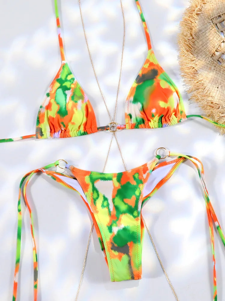 Sexy Bikinis Micro Thongs Swimsuit Women Bathing Suit Rings Biquini Bandage Beachwear Print Swimwear Sexy Bikini Sets With Chain