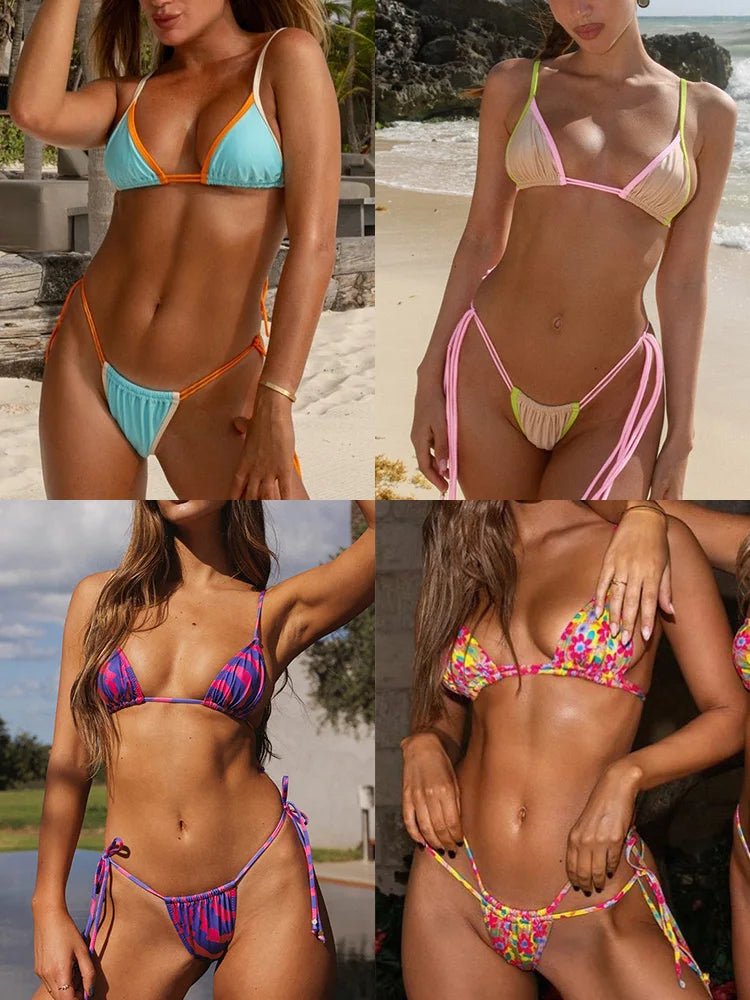 ZRTAK Sexy Bikinis Triangle Micro Swimwear Women Bathing Suit Pleated Blue Swimsuit Females Bikini Sets Thong Biquinis