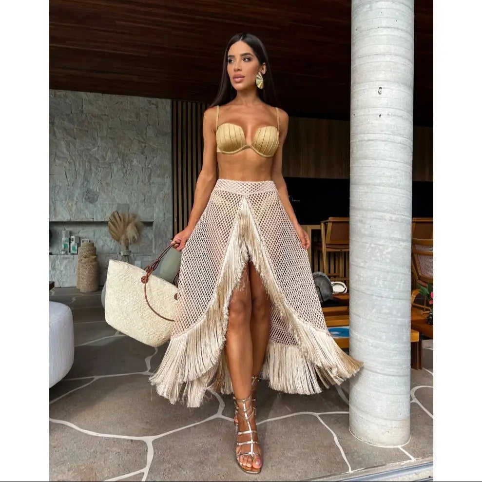 Swimsuit 3 Pics Set with Tassel Skirt Bikini Women Swimsuit Button High Waist Swimwear Bathing Suit Beachwear Biquini