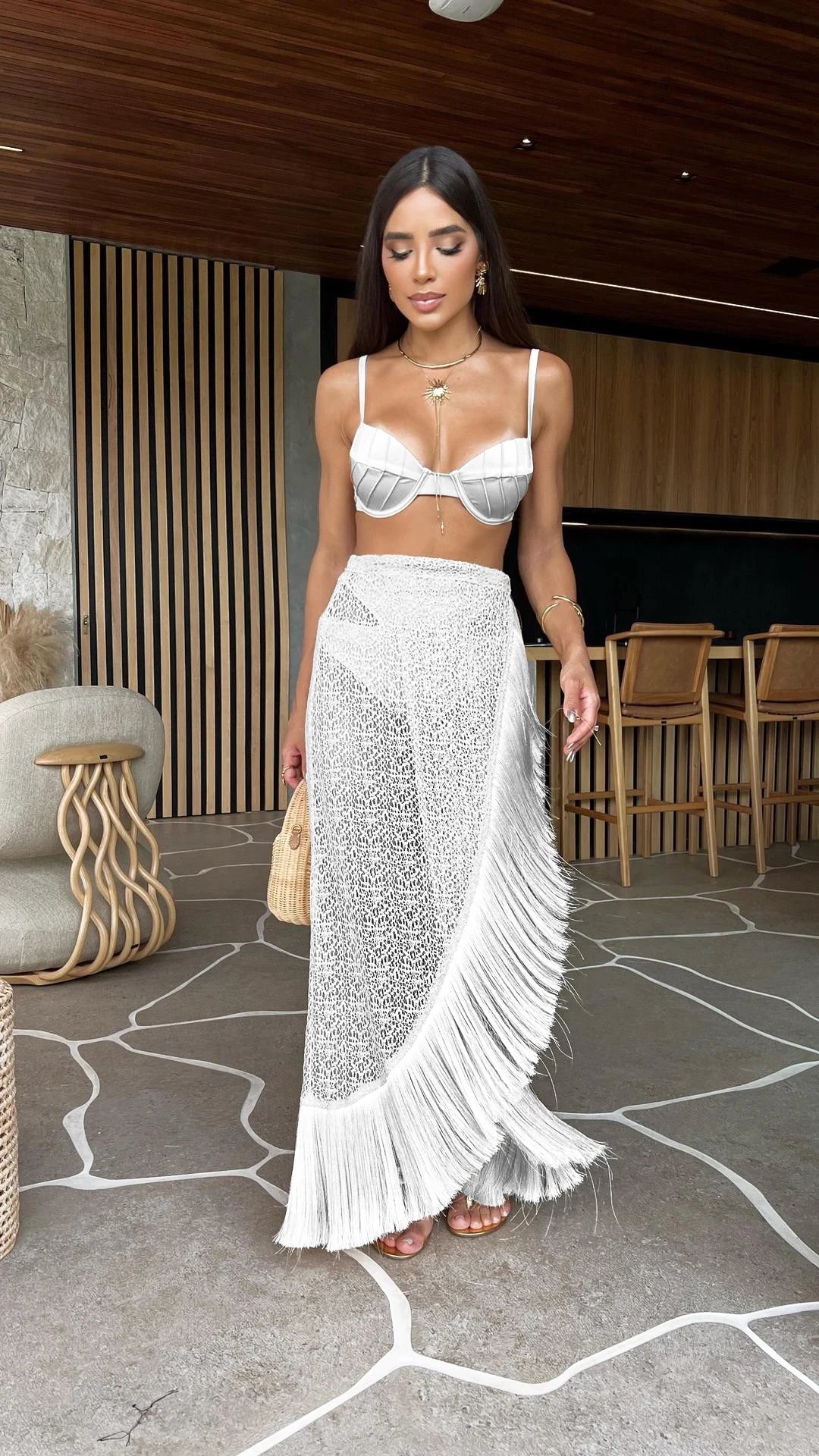 Swimsuit 3 Pics Set with Tassel Skirt Bikini Women Swimsuit Button High Waist Swimwear Bathing Suit Beachwear Biquini