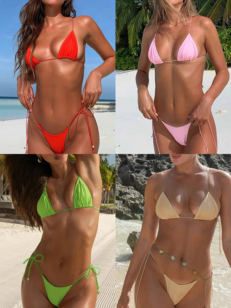 ZRTAK Sexy Bikinis Triangle Micro Swimwear Women Bathing Suit Pleated Blue Swimsuit Females Bikini Sets Thong Biquinis