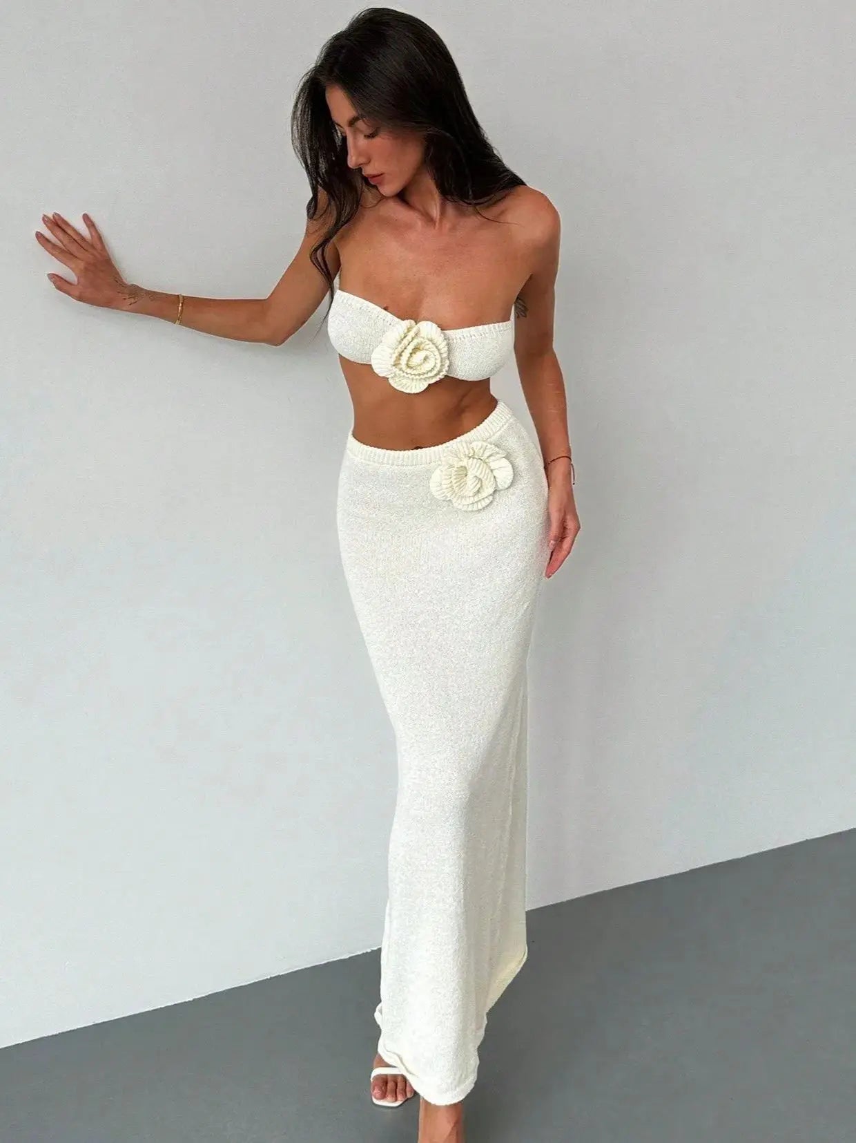 Crochet Skirt Set Women Column Knit Skirt High Waist Beach Skirt 3D Flower Bandage Super Short Top Summer Bathing Suit