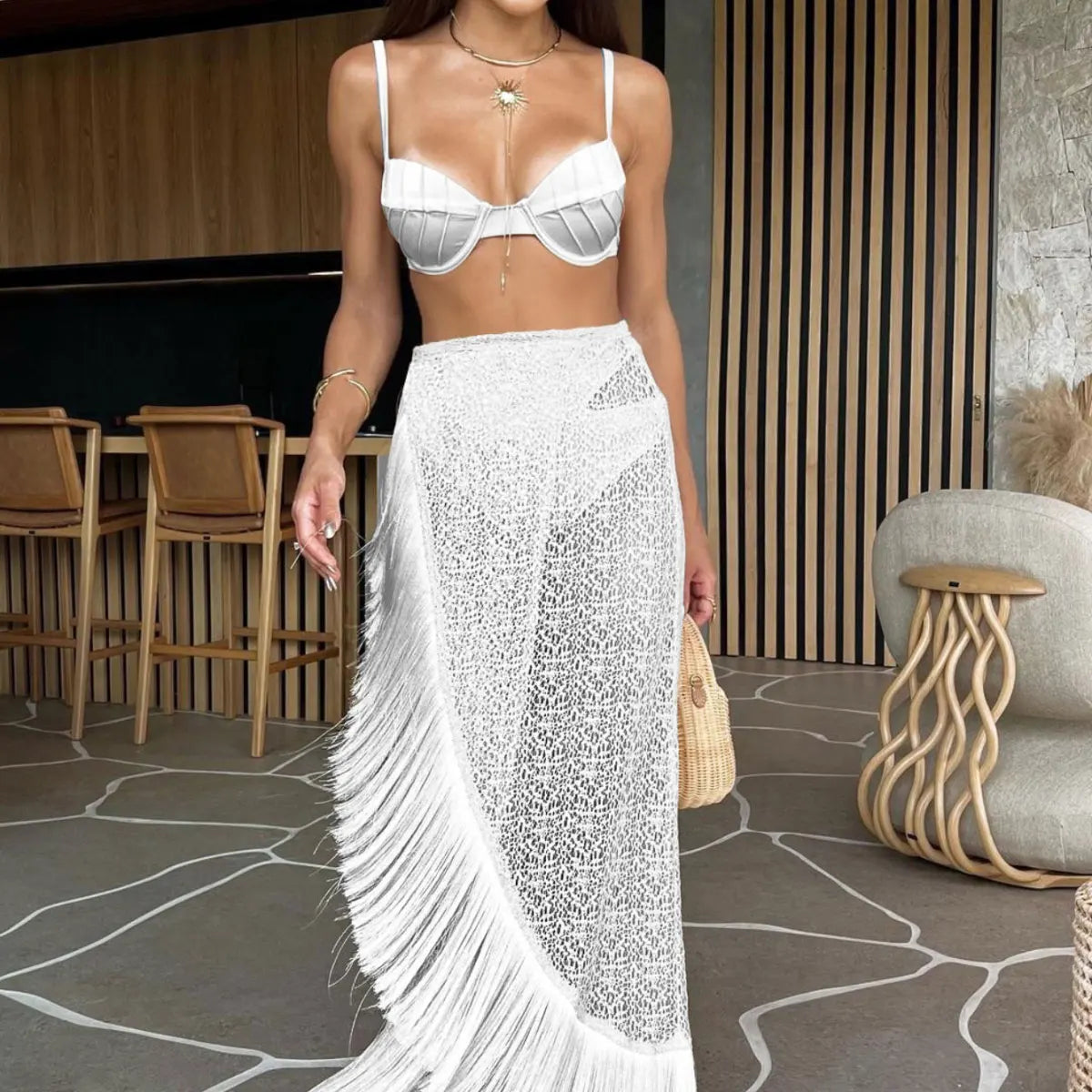 Swimsuit 3 Pics Set with Tassel Skirt Bikini Women Swimsuit Button High Waist Swimwear Bathing Suit Beachwear Biquini