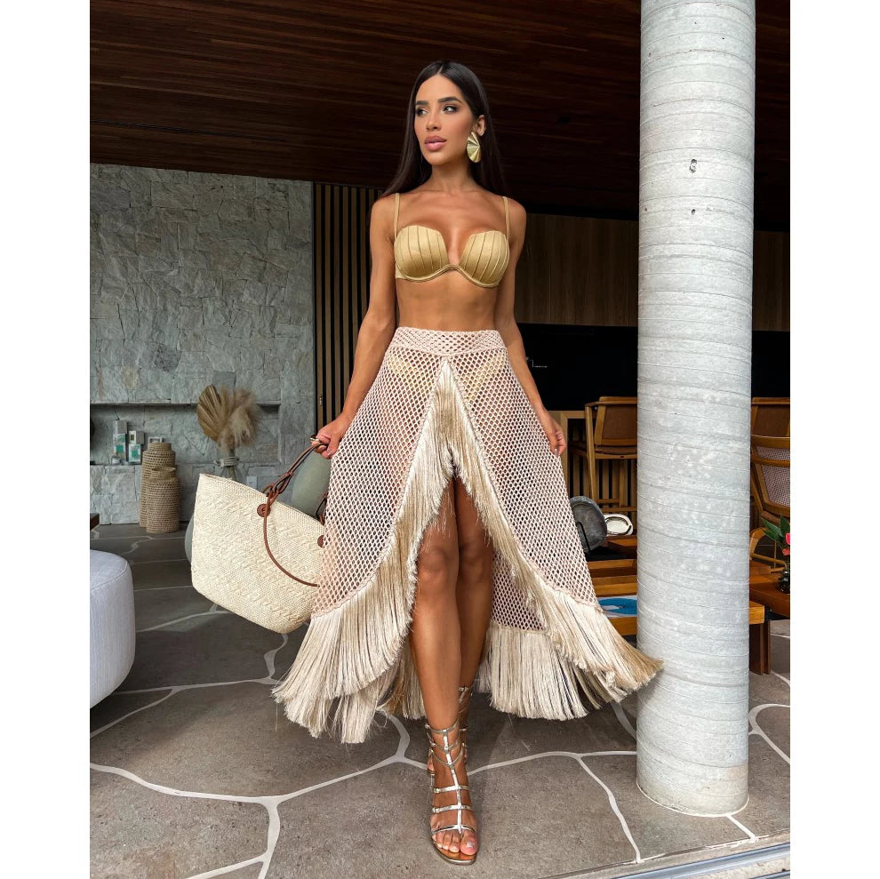 Swimsuit 3 Pics Set with Tassel Skirt Bikini Women Swimsuit Button High Waist Swimwear Bathing Suit Beachwear Biquini