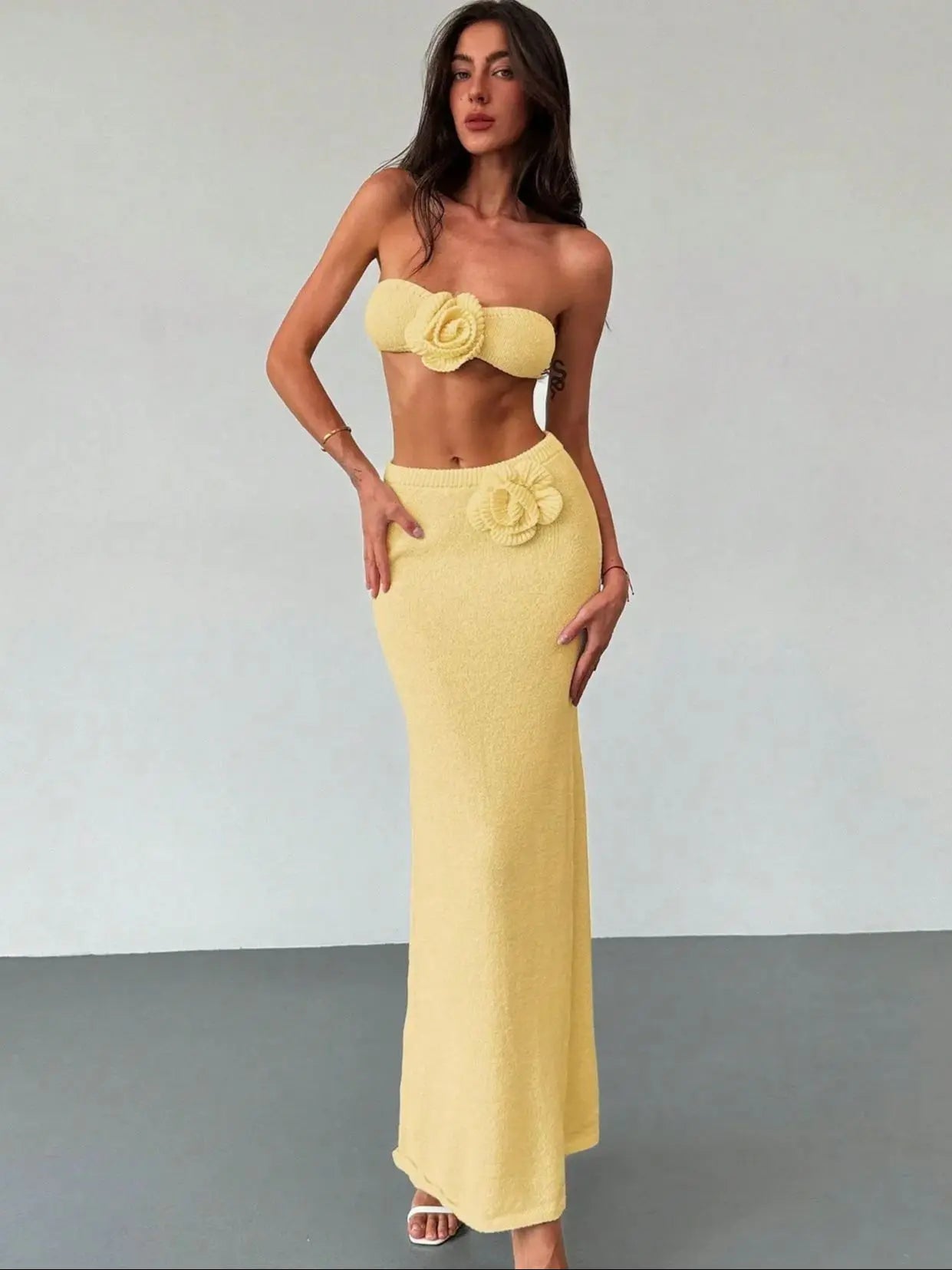 Crochet Skirt Set Women Column Knit Skirt High Waist Beach Skirt 3D Flower Bandage Super Short Top Summer Bathing Suit