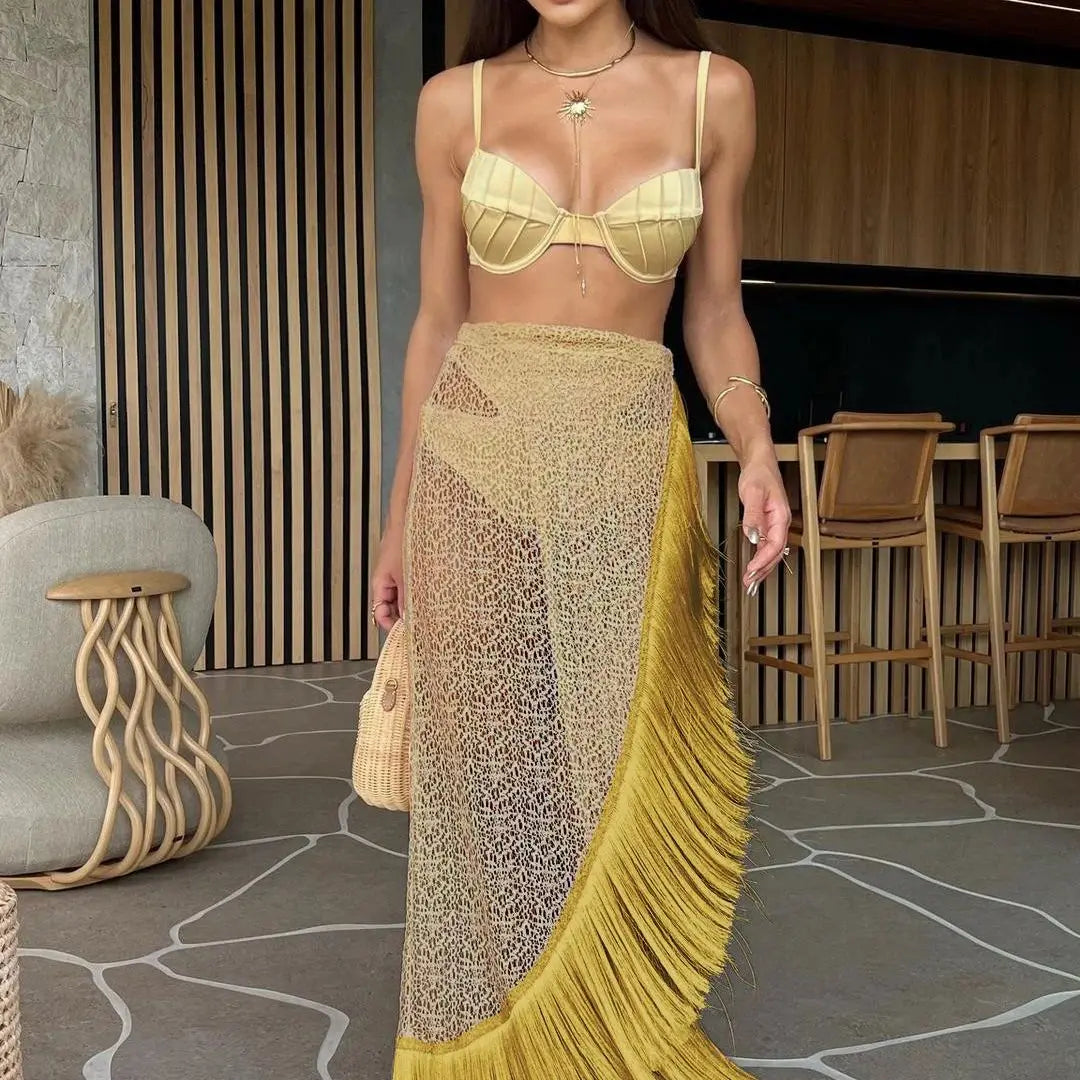 Swimsuit 3 Pics Set with Tassel Skirt Bikini Women Swimsuit Button High Waist Swimwear Bathing Suit Beachwear Biquini